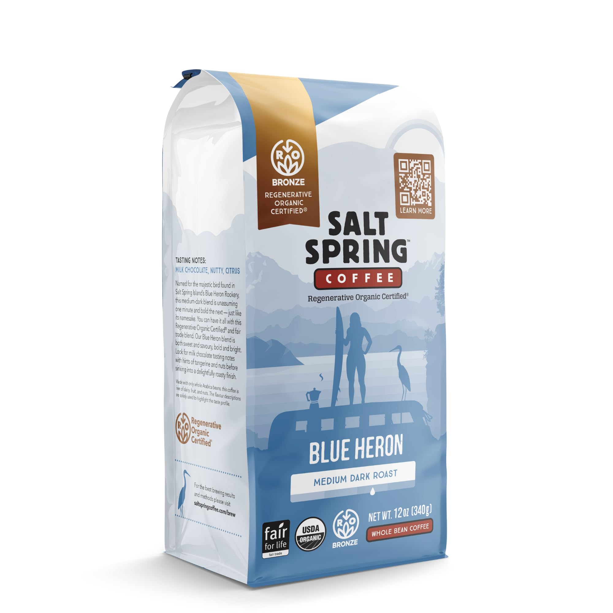 Salt Spring Coffee - Blue Heron Whole Bean Coffee, Regenerative Organic Certified, Organic, Fair Trade Coffee (Medium Dark Roast, 12oz)
