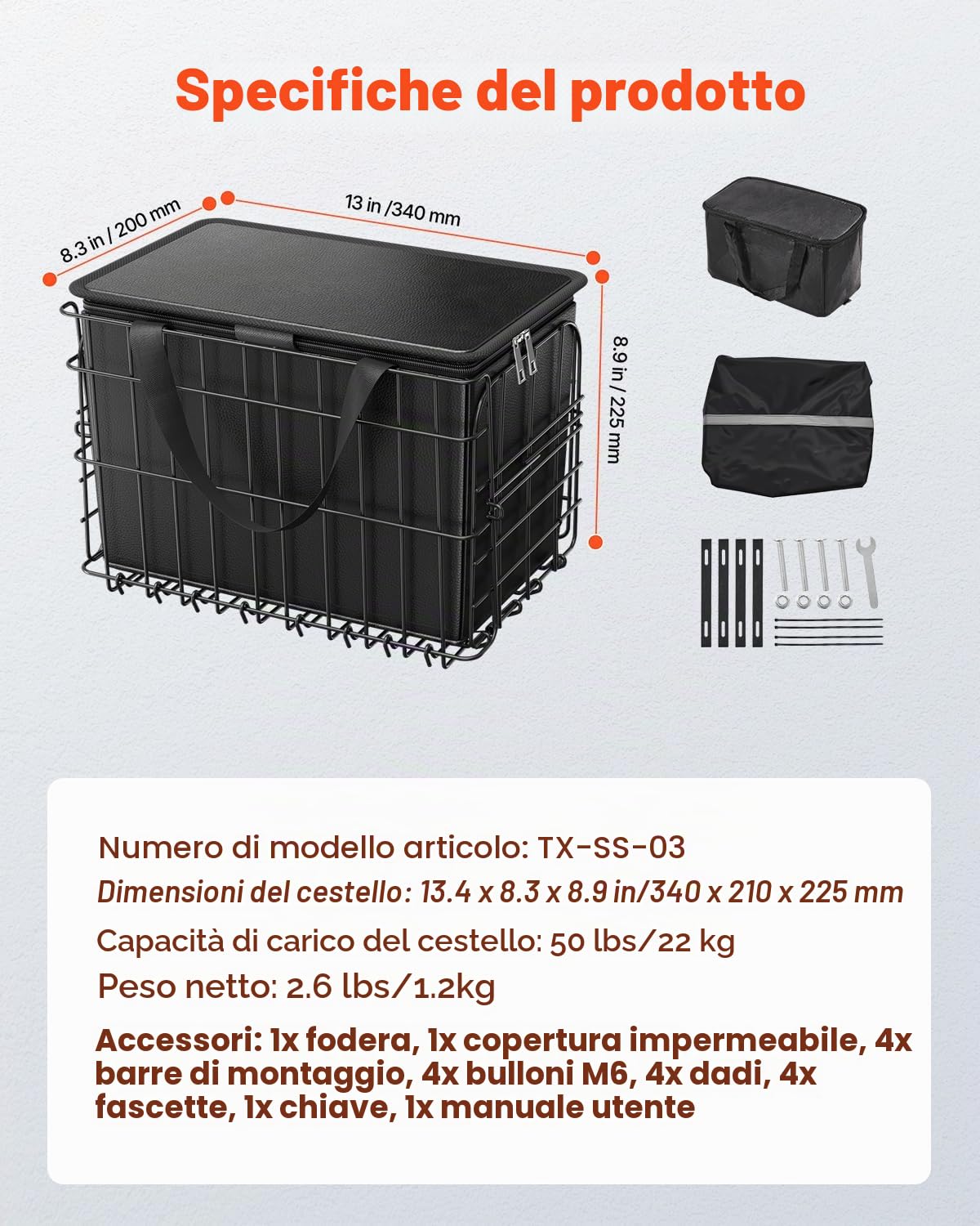 VEVOR Cestino Posteriore per Bici Medio, Cestino Pieghevole per Bicicletta in Filo Metallico con Rete di Carico, Borsa Interna Rimovibile e Copertura Impermeabile, Design a Sgancio Rapido