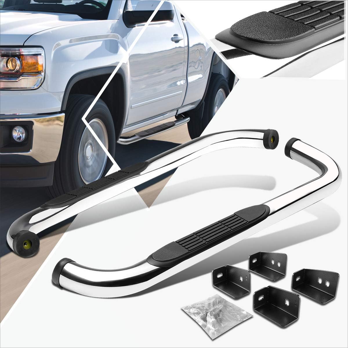 (2Pcs) 3 Inch Chrome Stainless Round Nerf Bars Side Steps Compatible with 00-19 Chevy Silverado/GMC Sierra Regular Cab