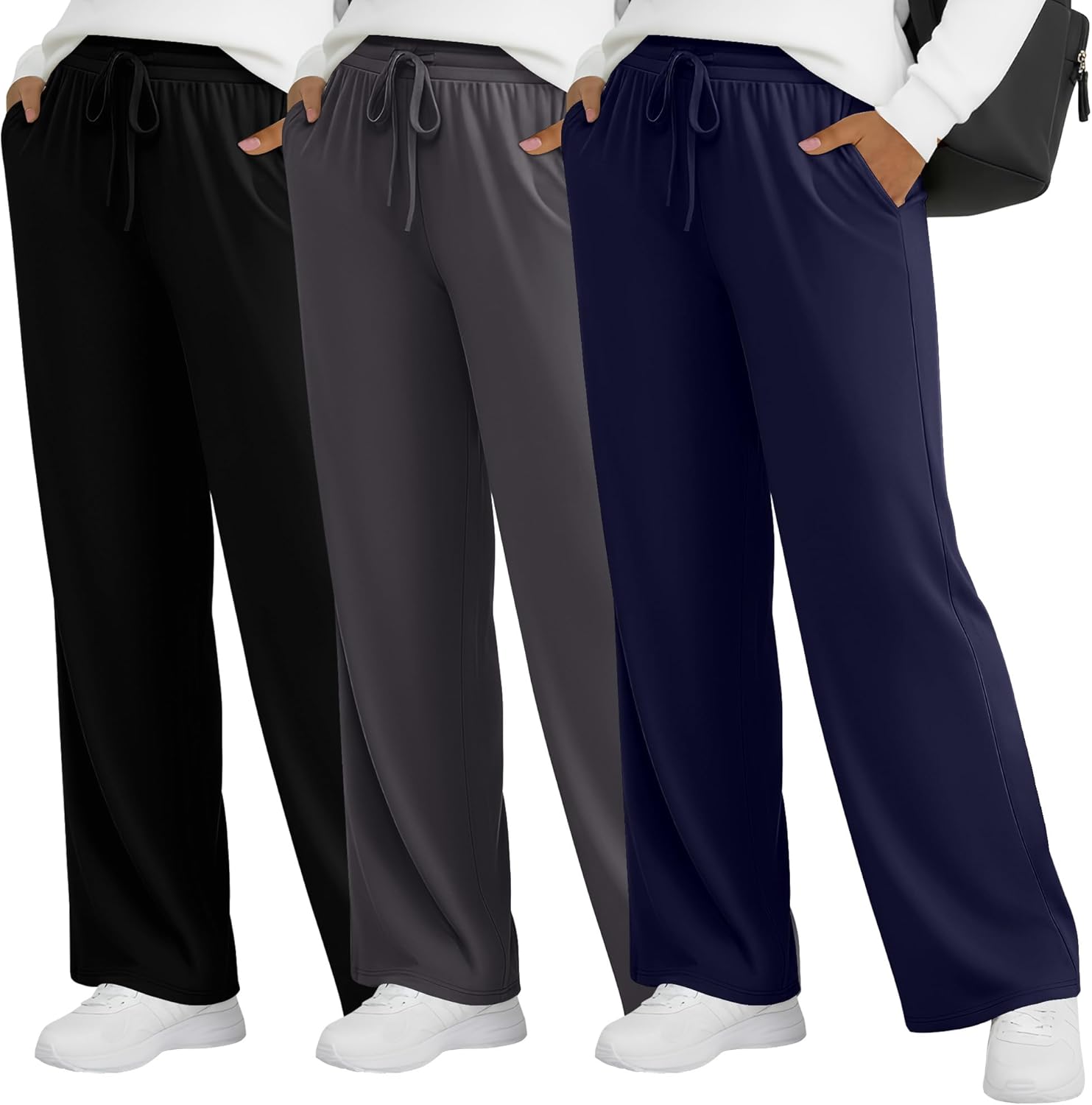Huukeay 3 Pack Women's Plus Size Wide Leg Lounge Pants, Drawstring Baggy Yoga Pants Casual Loose Sweatpants