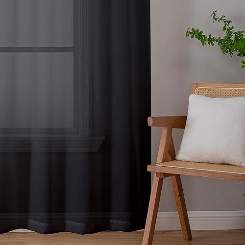 Miniatura 7 de Aiyufeng Cortinas traslúcidas negras de 96 pulgadas de largo para ventanas de sala de estar, cortinas traslúcidas de gasa casuales filtrantes de luz