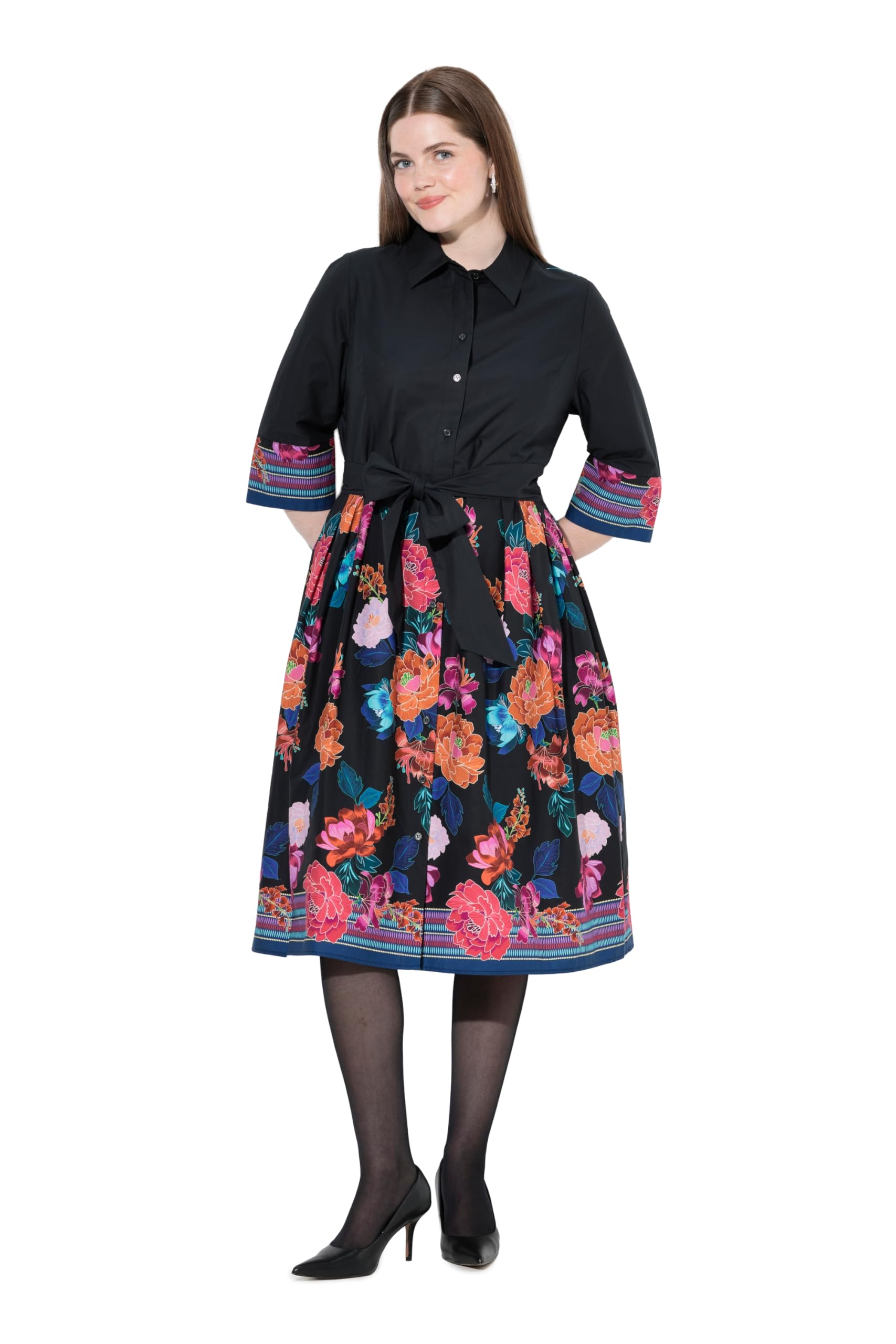 Ulla Popken Damen große Größen Übergrößen Plus Size Hemdblusenkleid, Bindegürtel, Hemdkragen, 3/4-Arm 843691