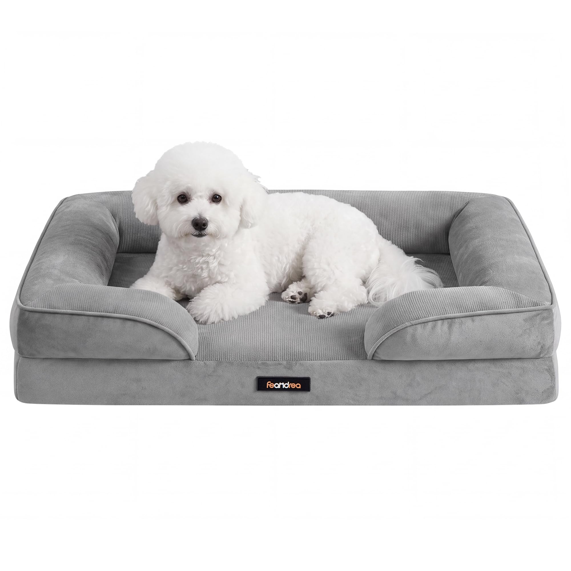 Feandrea Orthopaedic Dog Sofa Bed, M Dog Bed with Raised Sides, Egg Crate Foam, Removable and Washable Cover, Non-Slip Bottom, Water-Resistant Lining, Dove Grey, 76 x 51 x 16 cm PGW321GD01