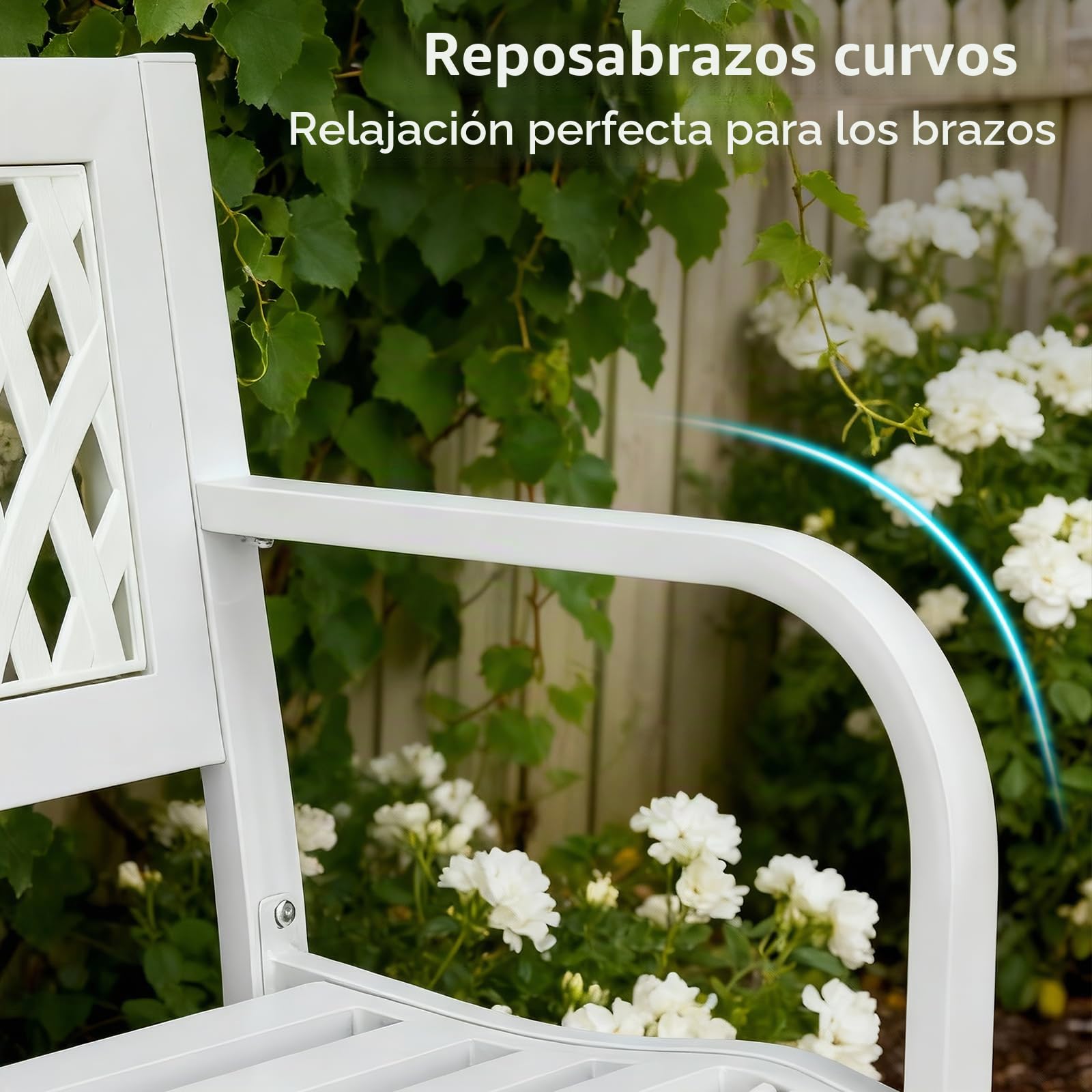 Bonnlo Banco de Jarín con Respaldo, Banco Metálico de 2 Plazas, 118x50x75 cm, Resistente y Duradero, para Jardín, Patio, Terraza, Parque y Exterior, Blanco