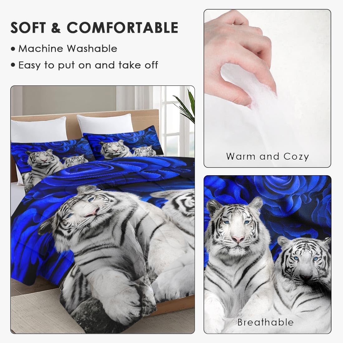 Queen Size Comforter Set with 2 Pillowcases, White Tiger Animal Cat 3 Pcs Bedding for Kids and Adults, Blue Rose Flower Background Soft Comforter Set for Bedroom Bed Decor - Image 5