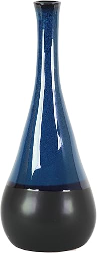 Florero de gres redondo de boca pequeña, cuello largo y borde con bandas negras LG Gloss Finish Blue Jarrón