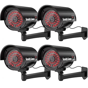 WALI Bullet Dummy Fake Surveillance Security CCTV Dome Camera Indoor Outdoor with 30 Illuminating LED Light + Warning Security Alert Sticker Decals WL-B30-4(Black), 4 Pack