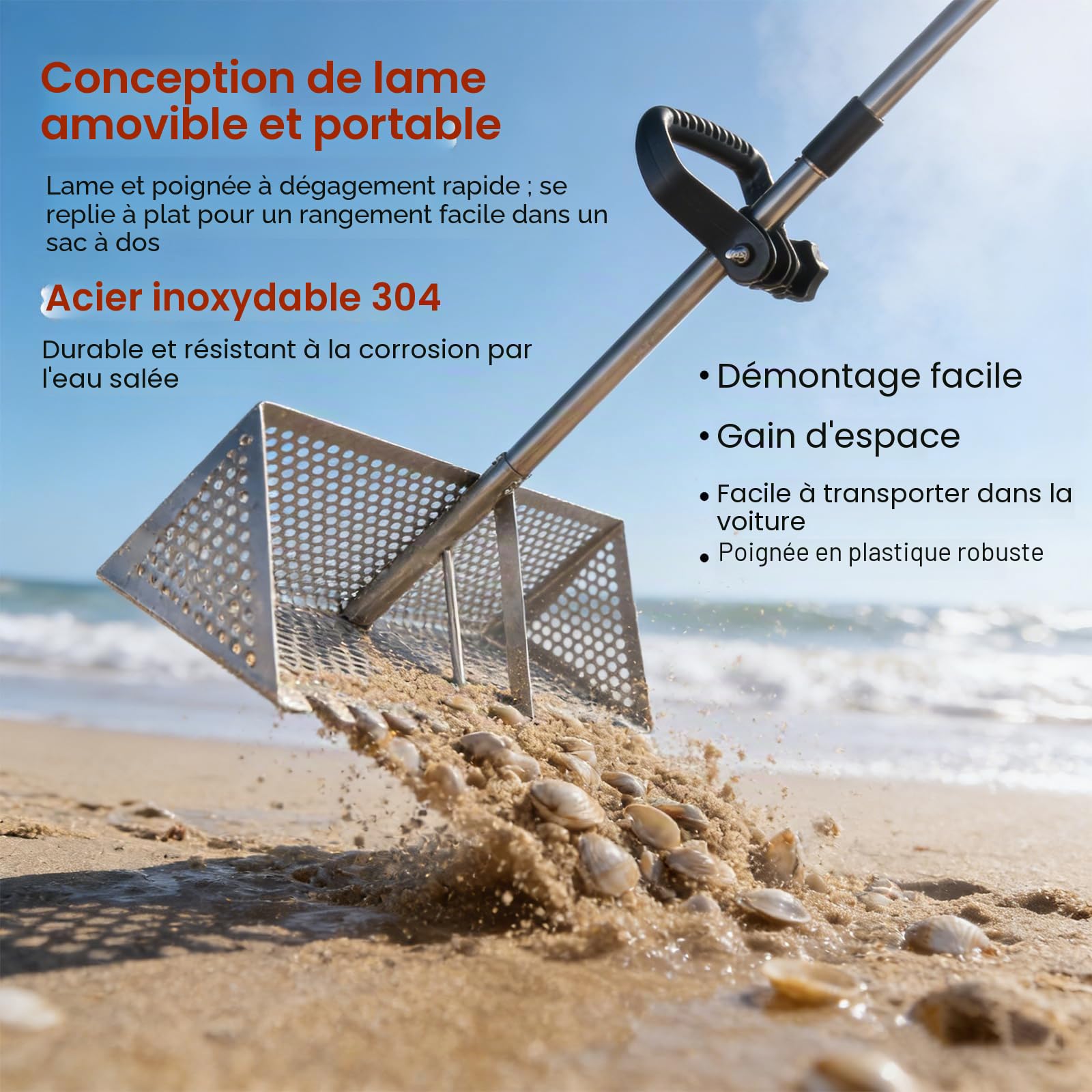 Râteau anti-puces de plage en acier inoxydable 304 et seau – Poignée amovible de 132 cm de long, attrape-crabes de sable, râteau pliable pour dents de requin, collecte des puces et coquillages