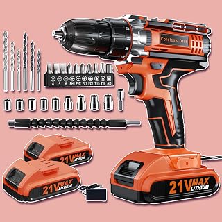 Drill, 21V Cordless Drill with Dual 2.0Ah Power Pack and Charger, Electric Power Drills Set, 3/8 Inch Chuck, 25+1 Torque, 2 Speed 29 Accessories Tool for DIY, Gifts
