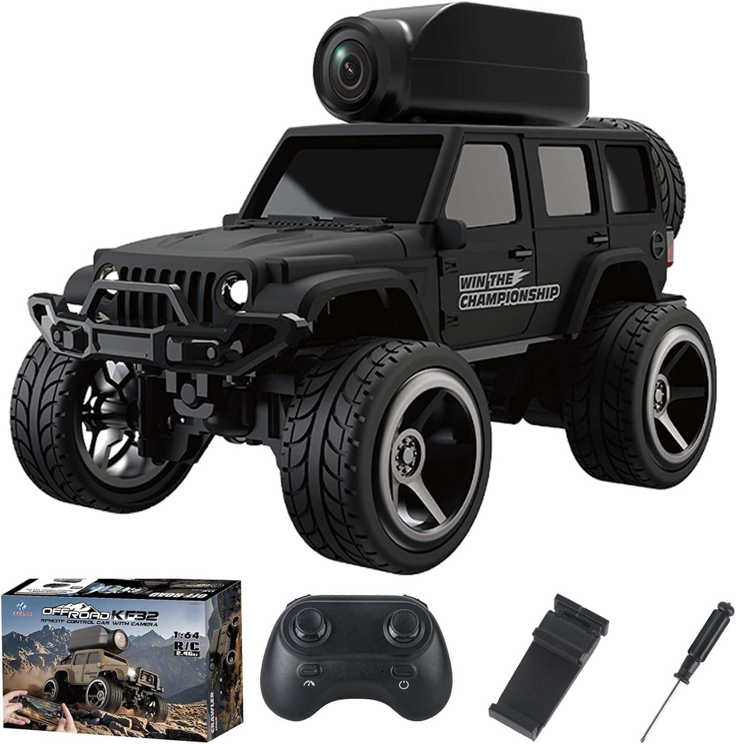 KF32 1:64 RC Mini Climbing Alloy Video Car with APP Control and Radio Remote Control HD Camera FPV Cars (Black)