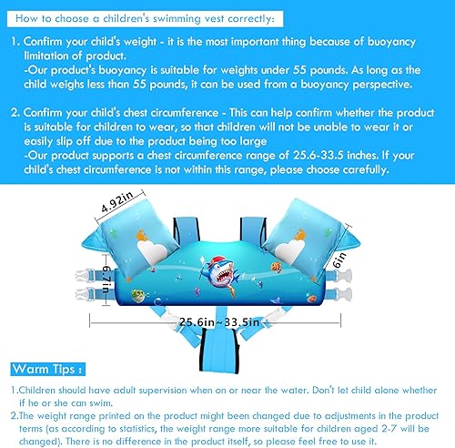 Miniatura 142 de Chriffer Chaleco salvavidas para niños de 22 a 66 libras, flotadores con arnés de hombro y alas de brazo para bebés de 2, 3, 4, 5, 6, 7 años
