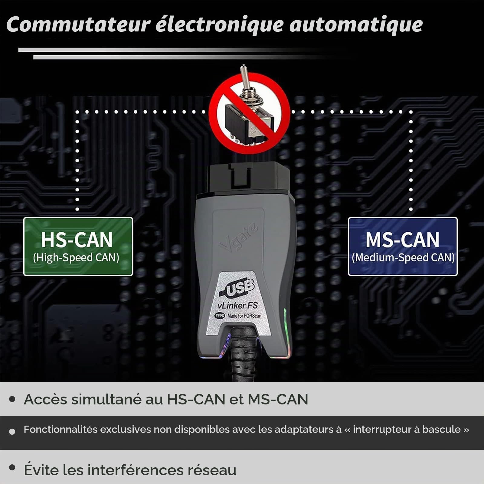 VLINKER FS Interface de Diagnostic OBD2 pour FORScan, Adaptateur USB OBDII avec Commutation Auto HS/MS-Can, Compatible Ford Mazda Lincoln, Tension Programmation FEPS 18V, Haute Vitesse 3Mbps