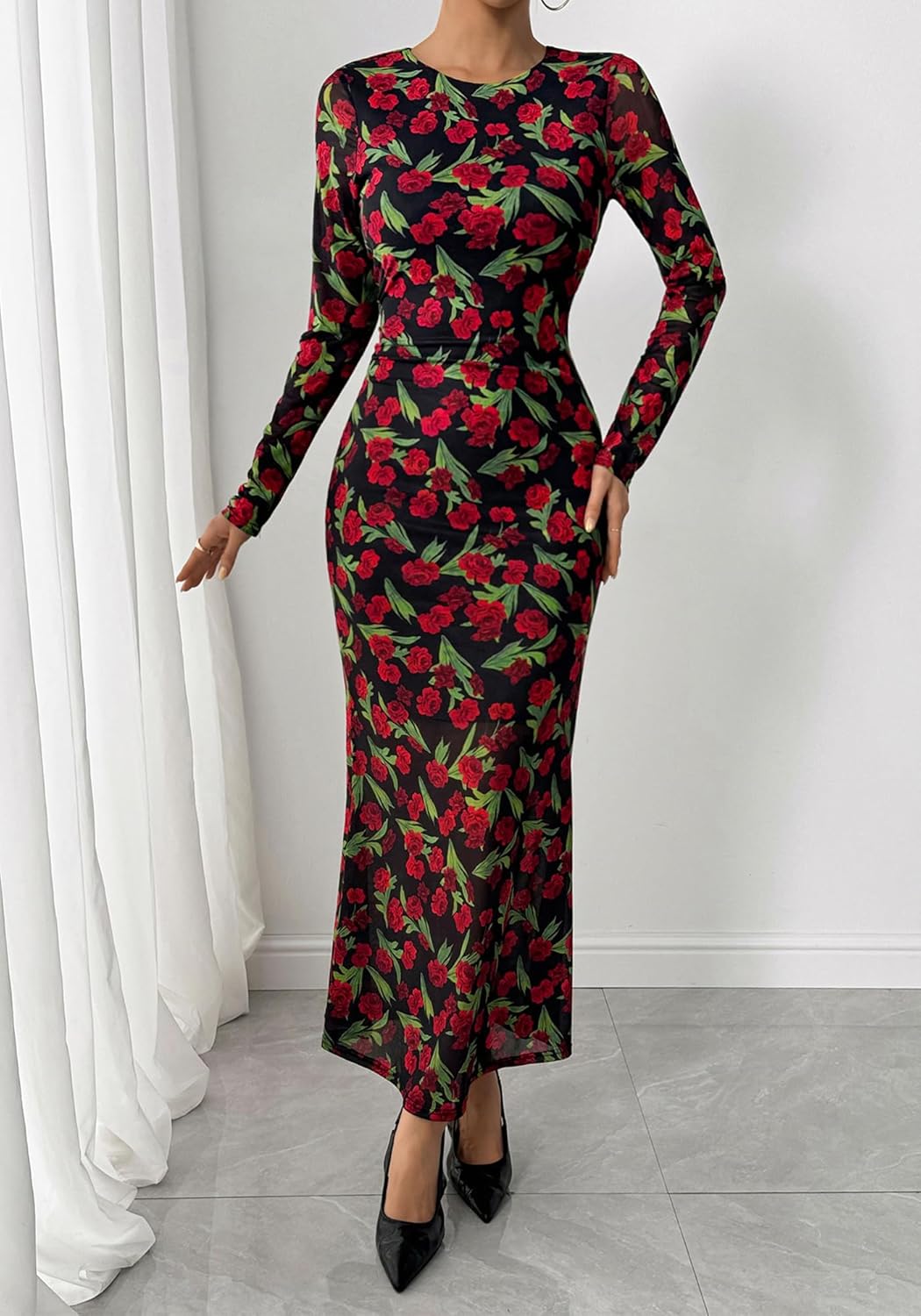 BTFBM Wedding Guest Dresses for Women Spring Fashion 2026 Bodycon Crew Neck Long Sleeve Boho Mesh Floral Maxi Fall Dress - Image 2