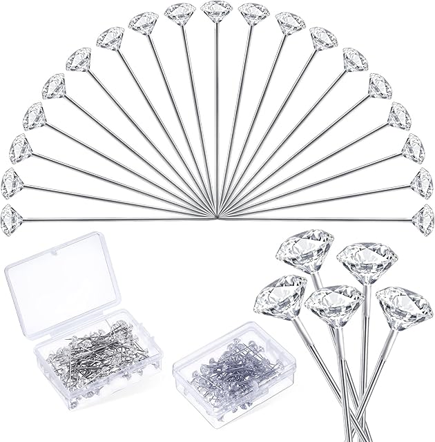 200 Pieces Diamond Sewing Pins Clear Straight Pins Crystal Quilting Pins Diamante Corsage Pins Diamante Crystal Floral Pins Bouquet Pins with Plastic Box For Wedding Jewelry Decoration DIY, 1.5 Inch
