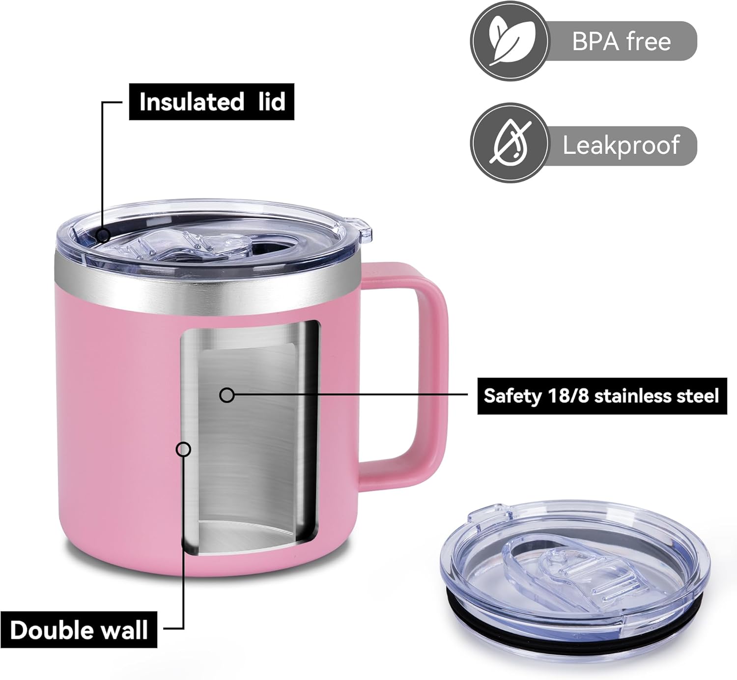 VEGOND 14 oz Insulated Coffee Mug with Handle, Stainless Steel Travel Coffee Mug with Lid, Double Wall Vacuum Metal Coffee Cup, Coffee Tumbler Powder Coated, Pink 1 Pack - Image 4