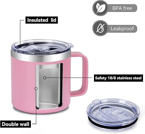 Miniatura 50 de VEGOND Taza de café aislada de 14 onzas con asa, taza de café de viaje de acero inoxidable con tapa, taza de café de metal al vacío de doble pared