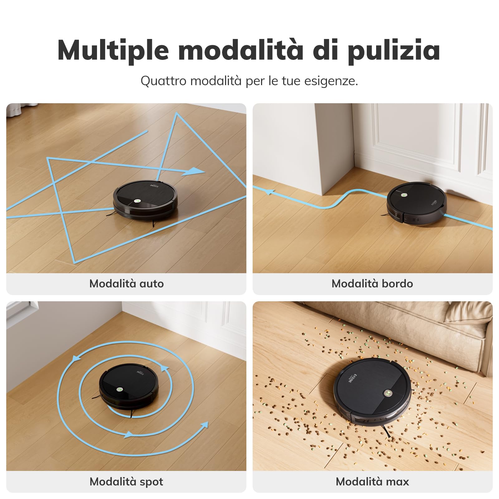 Robot Aspirapolvere, Aspirazione Potente, Design Senza Spazzole, Ricarica Auto, Telecomando, Sottile, Silenzioso, Per Peli Animali & Pavimenti Duri, E3