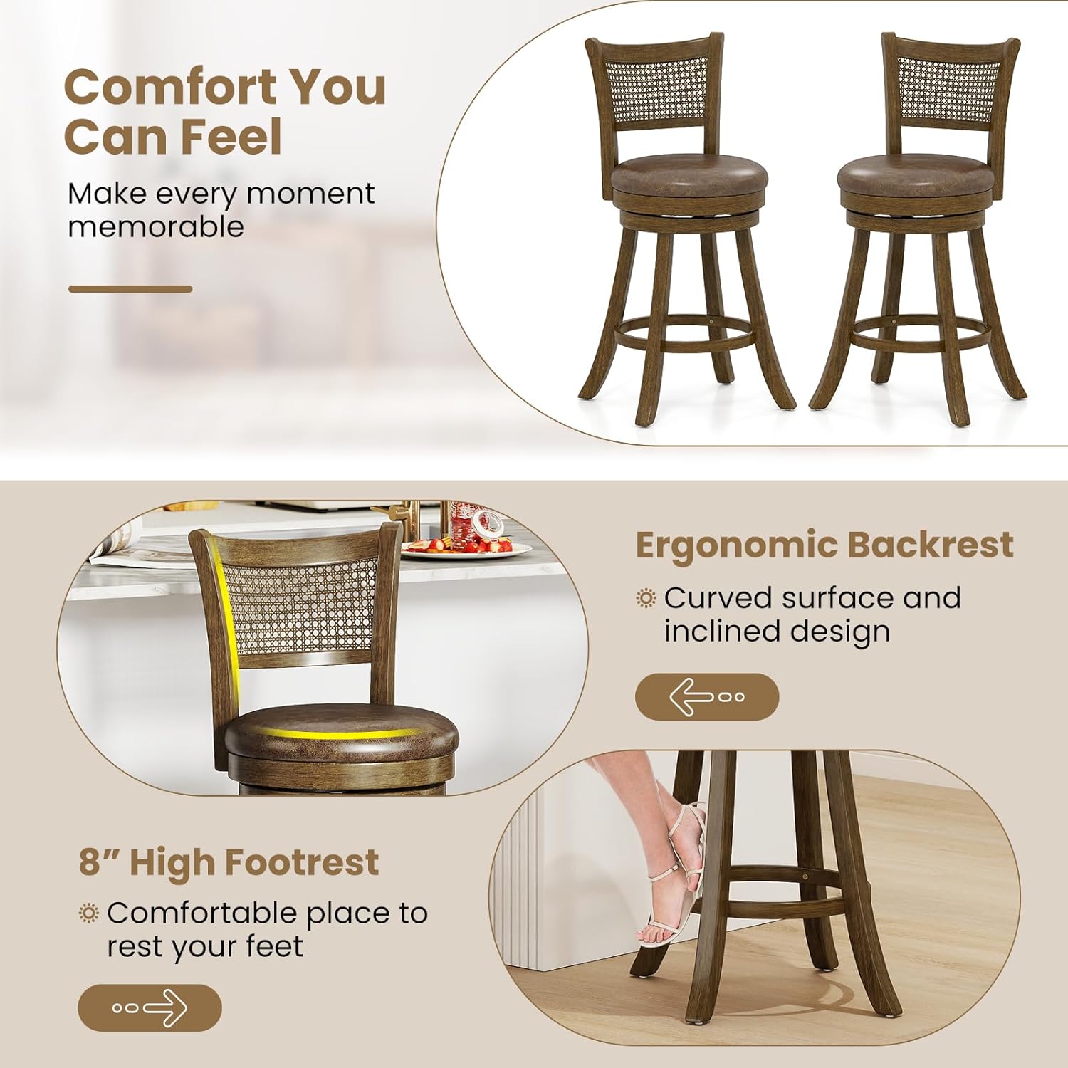 Giantex 25" Swivel Bar Stools Set of 2, Counter Height Bar Chairs with PE Rattan Backrest, Footrest & Rubber Wood Frame, Upholstered Leathaire Barstools for Kitchen Island Dining Room Pub, Brown