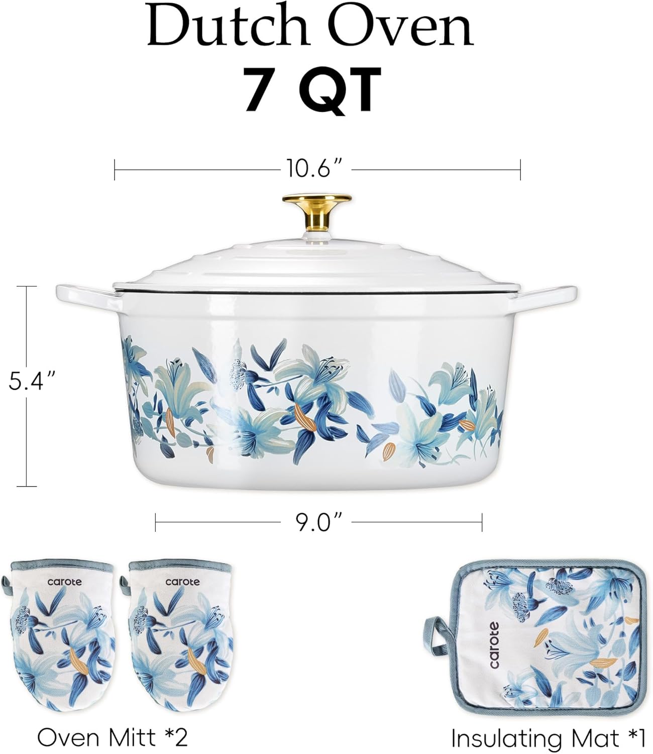 CAROTE 7QT Cast Iron Dutch Oven Pot with Lid, Enameled Floral Dutch Ovens with Cotton Potholders & Oven Gloves, Versatile Heavy-Duty Cookware for Sourdough Bread Baking, Braising, Stews, All Stovetop Compatible, Oven Safe up to 500° F, White & Blue