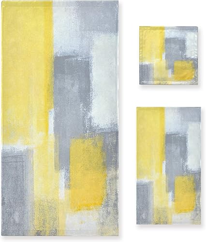 ALAZA Juego de 3 toallas de baño con pintura de arte abstracto gris y amarillo, 1 toalla de baño, 1 toalla de mano, 1 paño suave, multiusos para