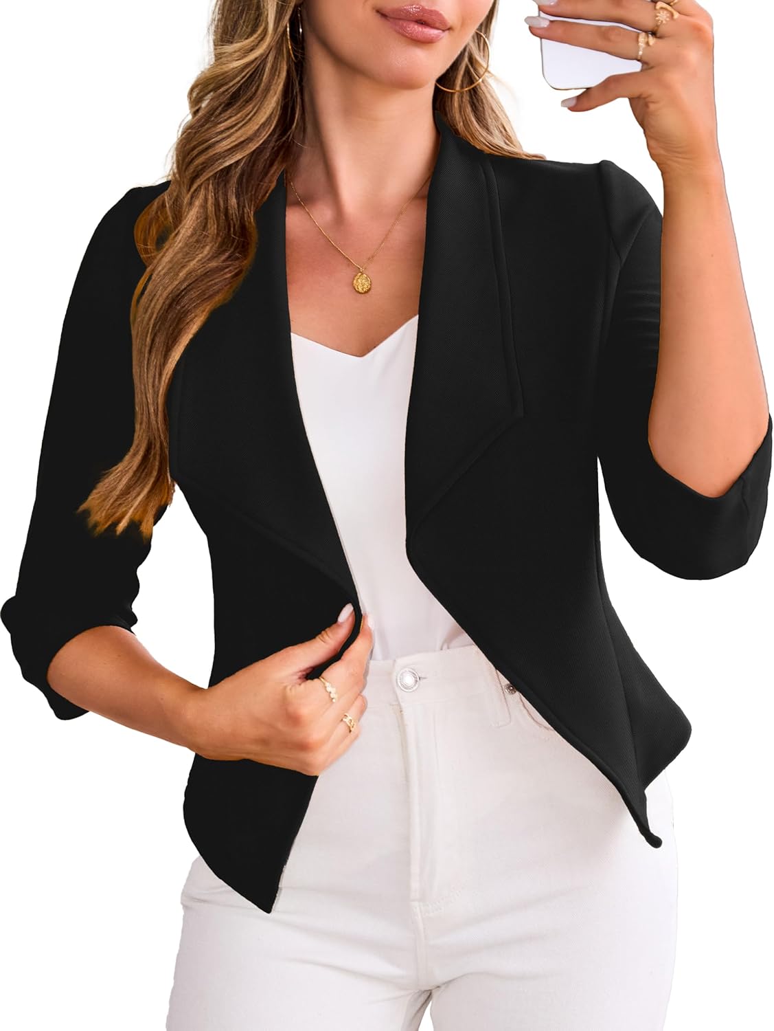 CARDYDONY Womens Cropped Blazer Open Front Jacket Lightweight 3/4 Sleeve Blazers for Women Business Casual Work S-XL