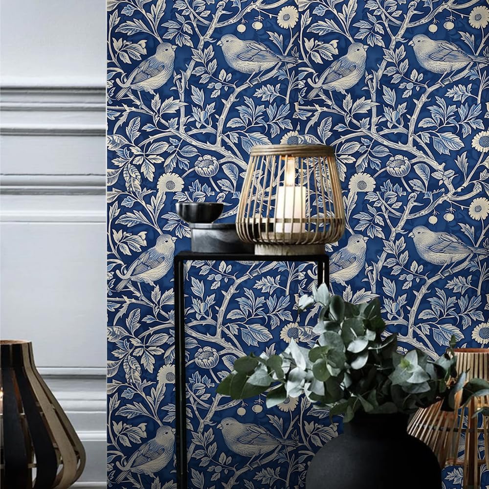 18"x236" Vintage Indigo White Botanical Bird Peel and Stick Wallpaper Easy Peel Off Contact Paper Vintage Vinyl Self Adhesive Removable Stick on Wall Paper for Kitchen Cabinet Renter Friendly