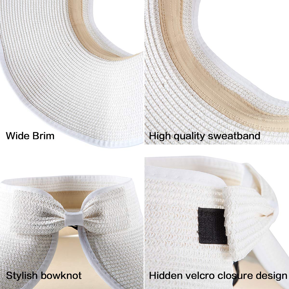 Viseras solares plegables para mujer, sombrero de paja de ala ancha para verano, playa, sombrero de paja enrollable, A01 Blanco, para 22-23.2(7, 7 1/8, 7 1/4) 6