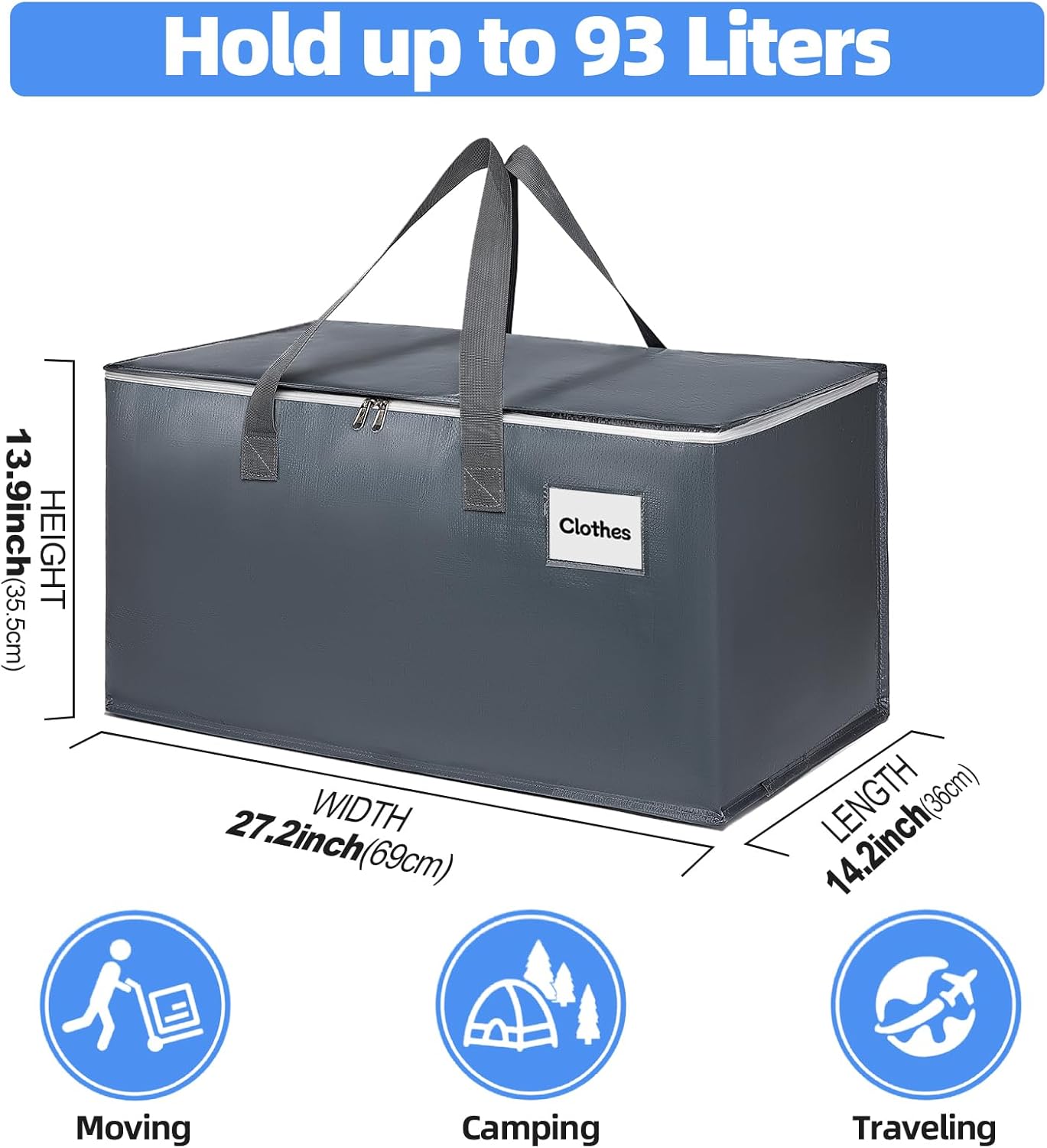 Moving Bags with Zipper - Extra Large Space Saving Totes for Storage, Heavy-Duty Tool Bag with Carrying Handles, Ideal for Camping & Travel, Tag Pocket Included