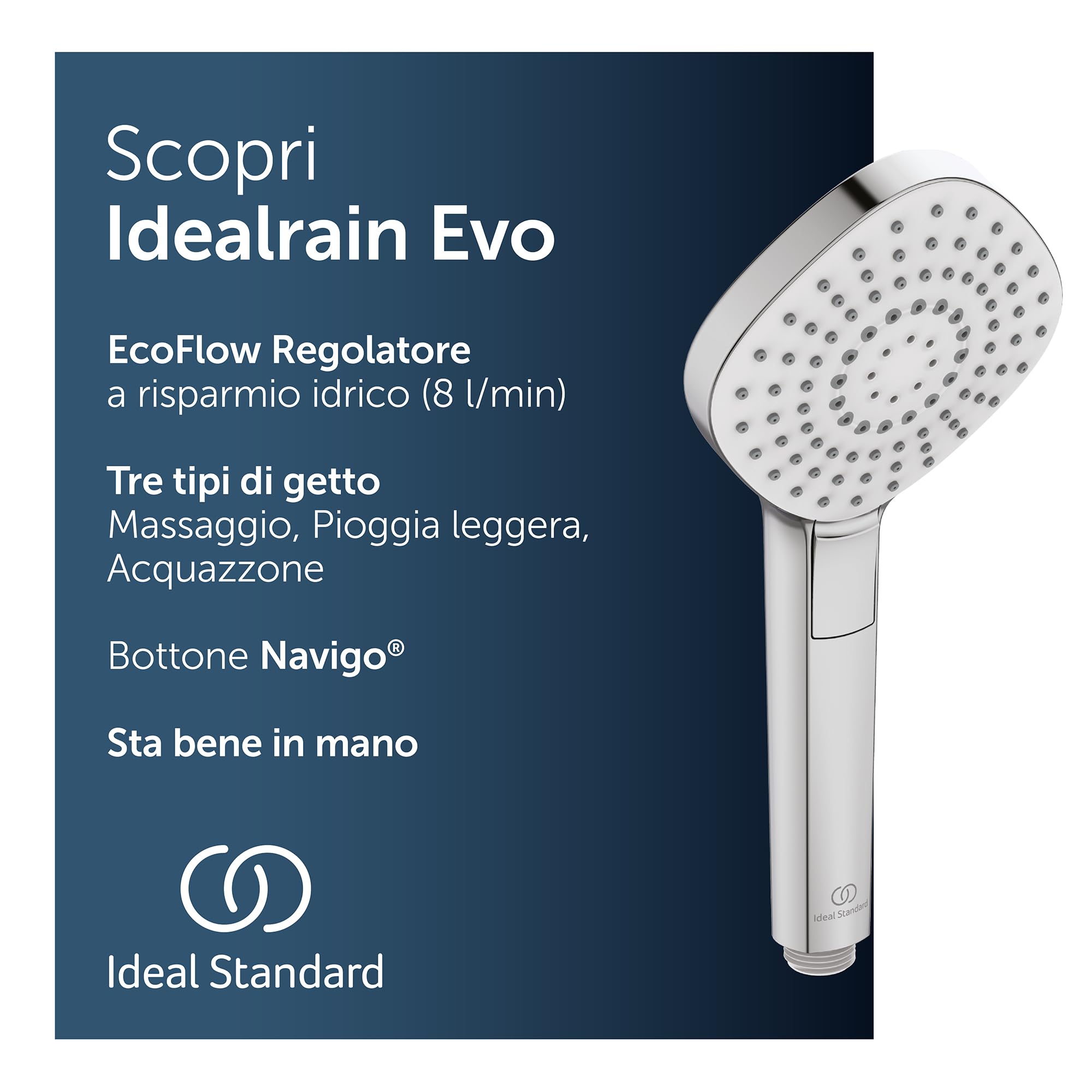 Ideal Standard – Doccia a mano Idealrain Evo Diamond, soffione doccia a risparmio idrico, 3 tipi di getto (pioggia, cascata e massaggio), Ø 11,5 cm, cromato