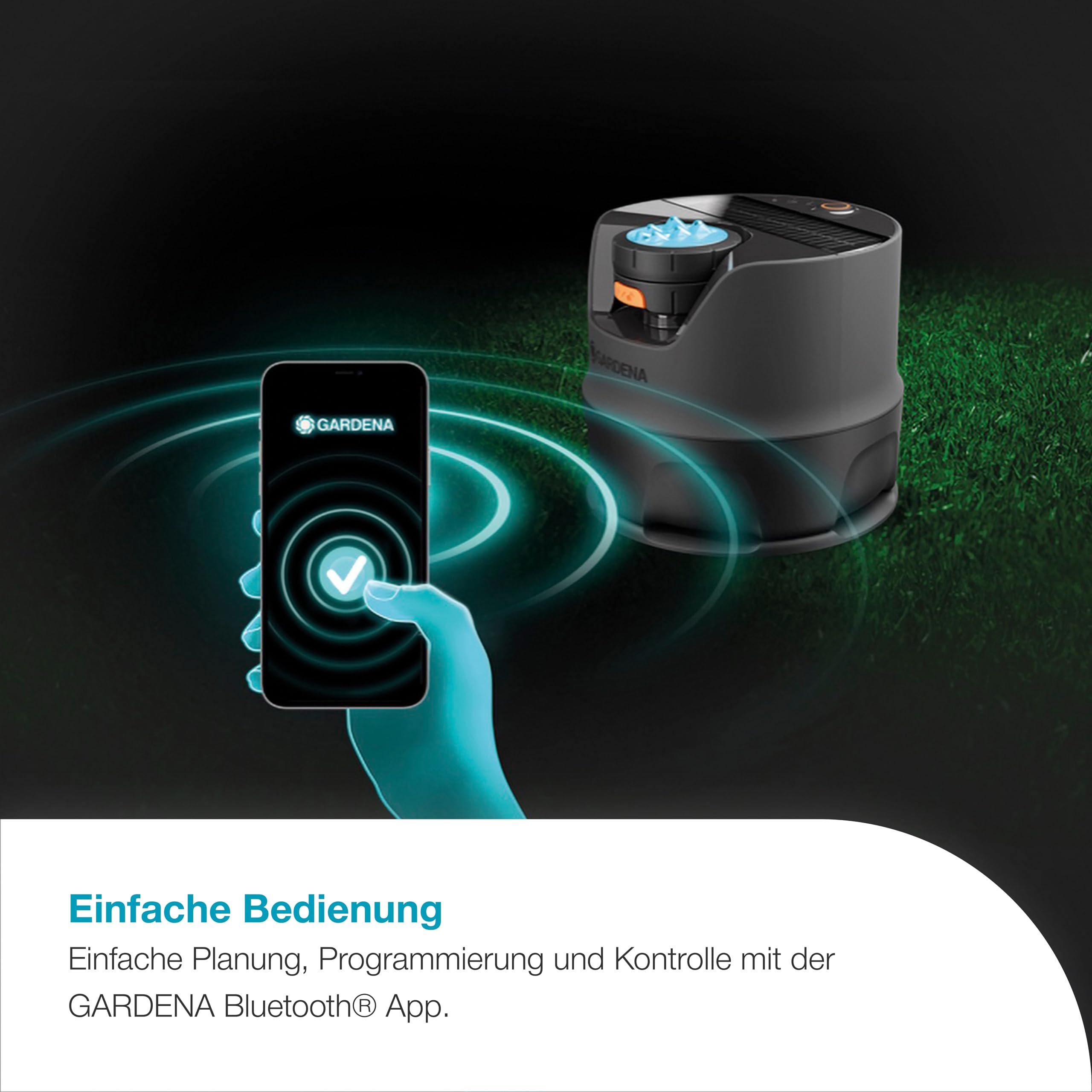 Gardena AquaPrecise Bewässerungssystem für Rasenflächen bis zu 320 m²: solarbetrieben, gleichmäßige Wasserverteilung, für jede Gartenform, Bluetooth, einfache Installation (16000-20)