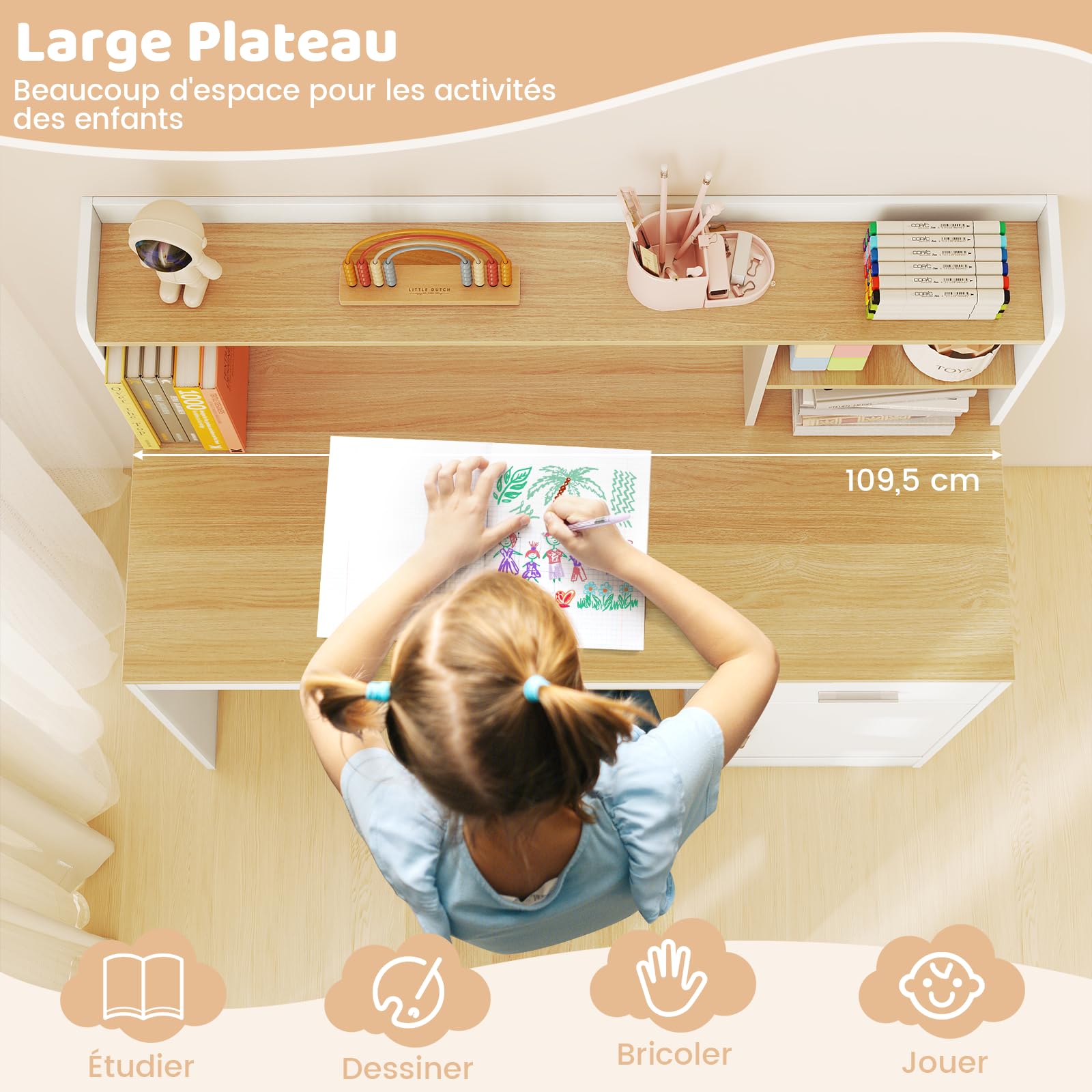DREAMADE Bureau Enfants, Table d'Étude avec Chaise, Étagère, Tableau d'Affichage, Tiroir, Armoire pour Lecture, Dessin, Bricolage, pour Salon, Chambre d'enfant (Naturel)