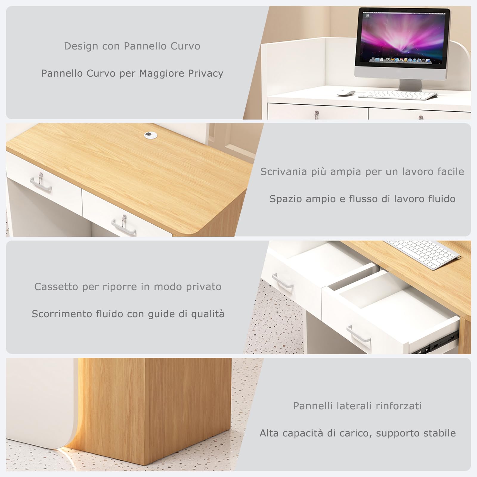 Mostrador De Recepción De Madera Natural con Cajones, Ideal para Tiendas, Hoteles Y Salas De Conferencias. Acabado En Beige Y Madera. Medidas: 80 X 45 X 100 Cm.