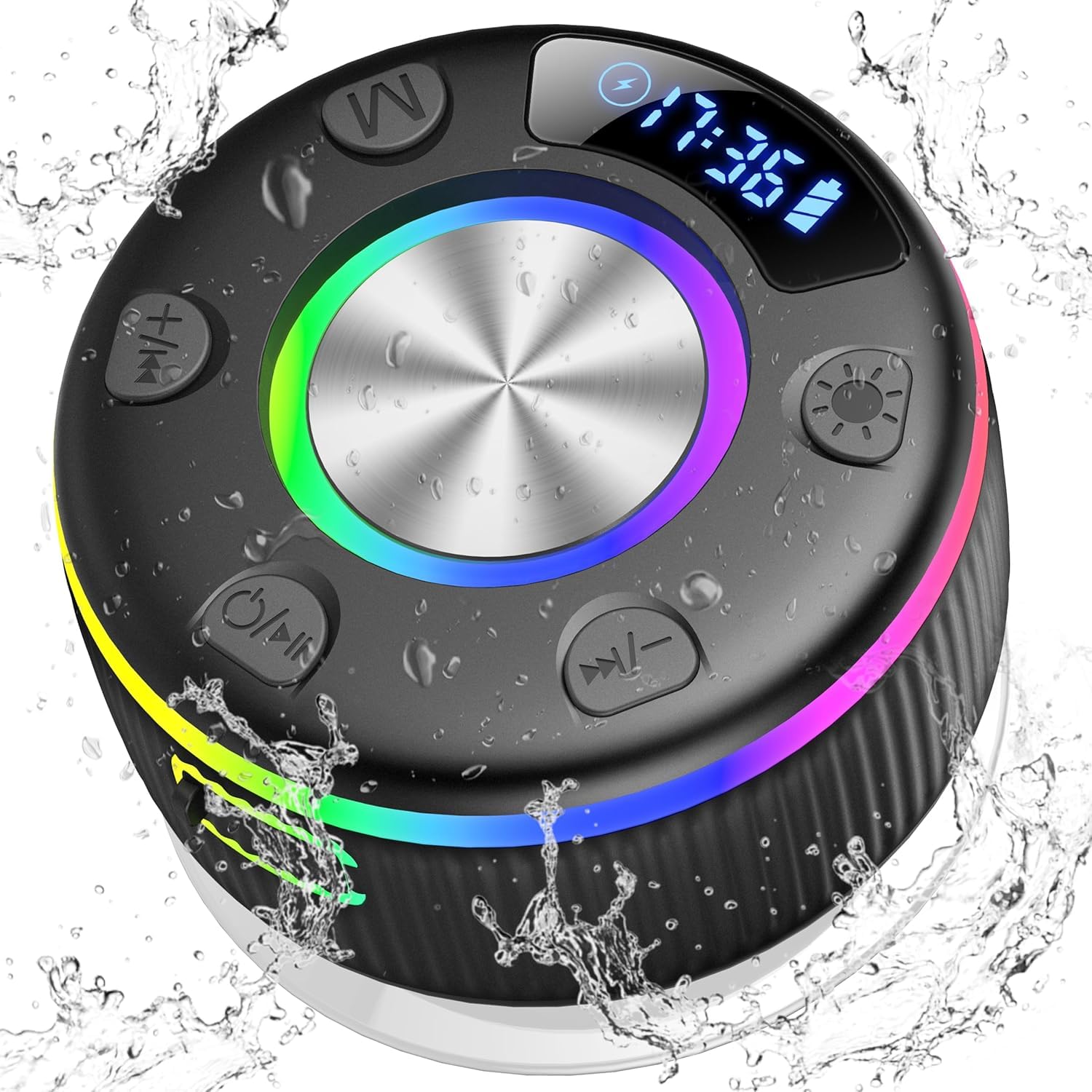 PRSCFUM Bluetooth Shower Speaker, Portable Bluetooth Speaker with Time Display, 2026 IPX7 Waterproof Wireless Speaker with RGB Lights, Deep Bass, Suction Cup for Bathroom, Travel, Outdoor, Party