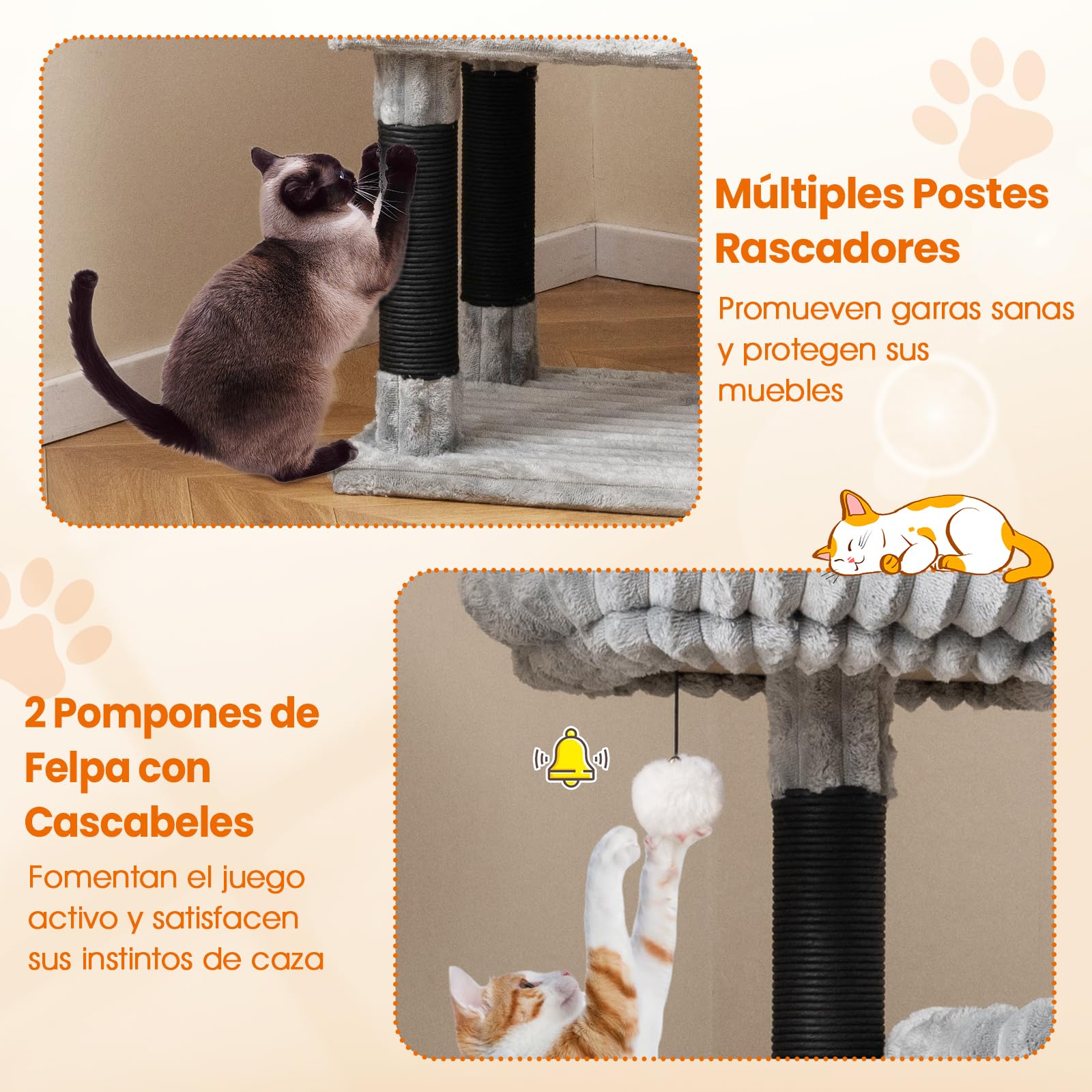 GOPLUS Árbol Rascador para Gatos de Varios Niveles, Torre para Gatitos de Interior con 2 Camas, 2 Posaderos, Postes Rascadores y Superficie de Peluche, Centro de Actividades para Gatos con 2 Pompones