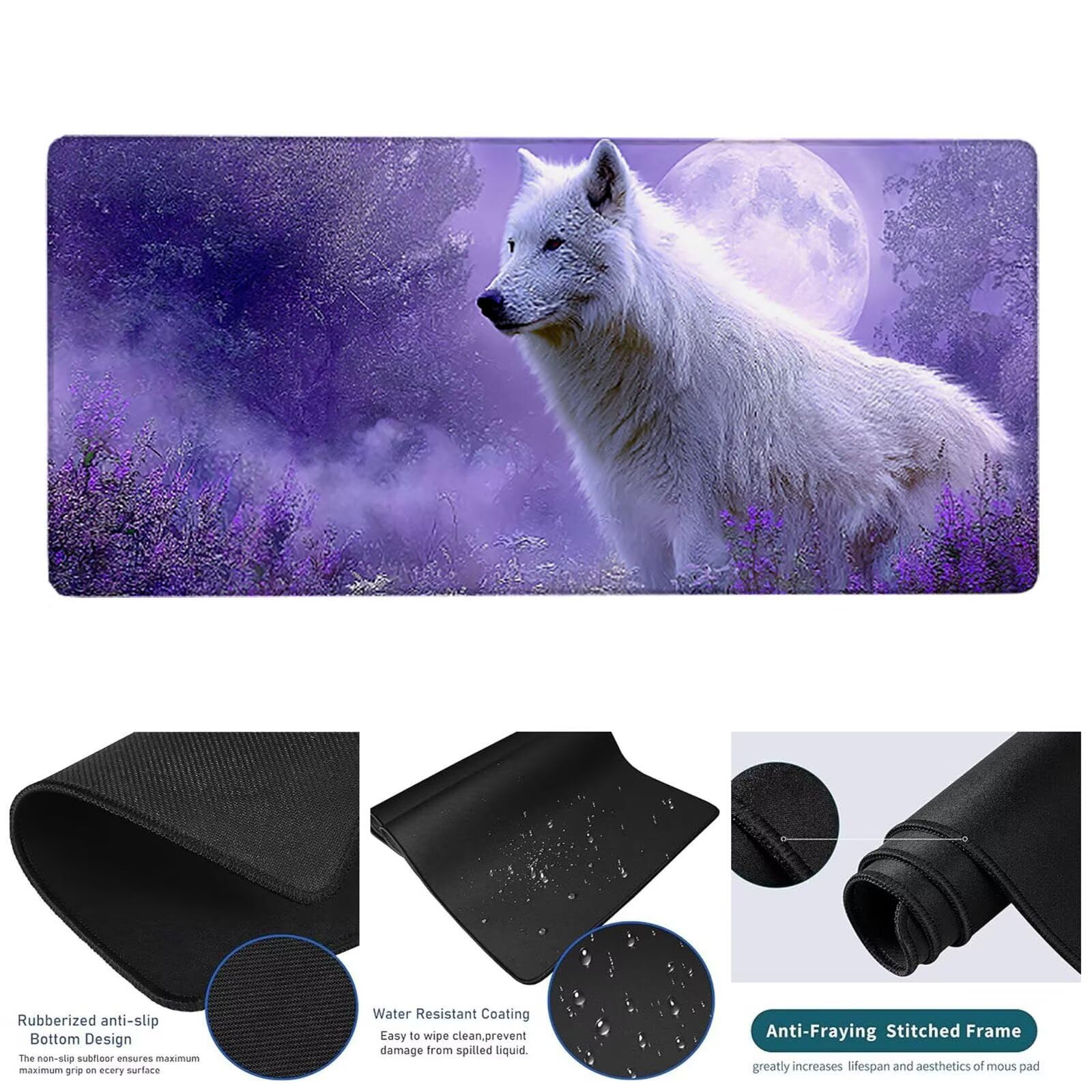 Tappetino Mouse Gaming Viola Tappetino Mouse XXL 1000x500x3 mm, Wolf Mousepad Accessori Gaming con Bordi Cuciti, Sottomano Scrivania Migliorare la Precisione e la Velocità per Giocatori, Regalo w-6374