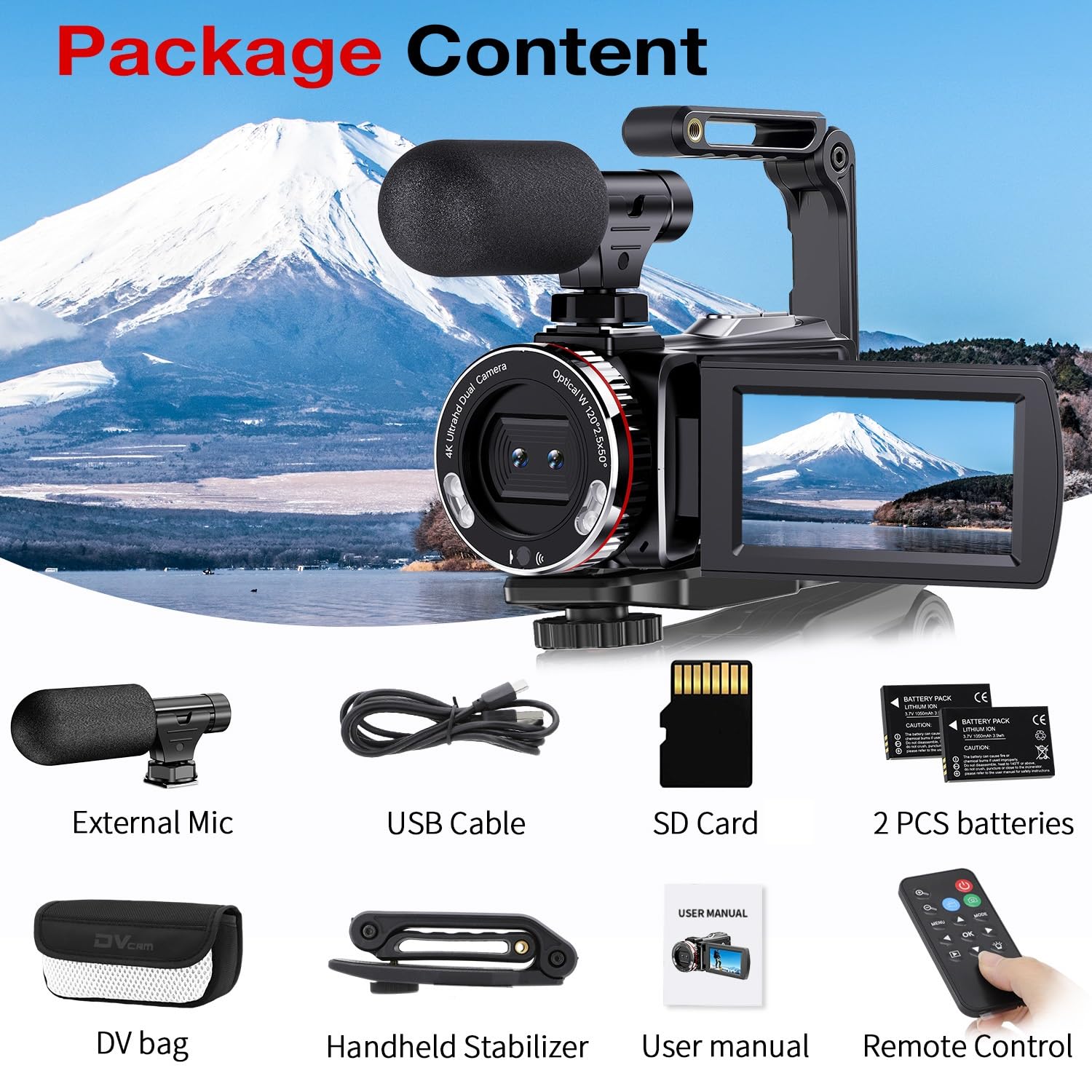 Videocamera 4K 64MP Vlogging camera per YouTube, Dual LENS 3" Screen Girevole a 270° Videocamera con Scheda da 32GB, Microfono, Stabilizzatore,Telecomando,2 Batterie
