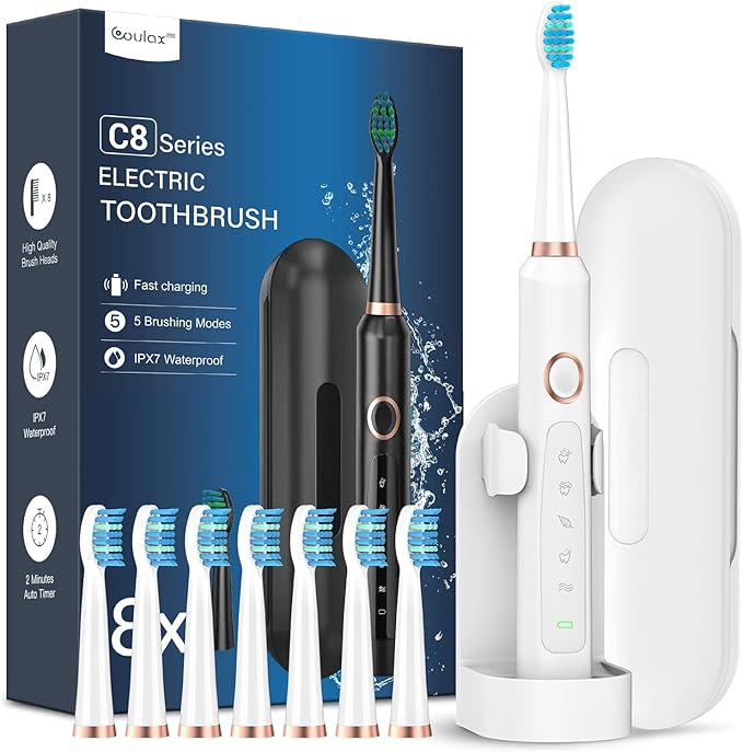 Cepillos de Dientes Electricos Sónico Adultos con 8 Cabezal - Cepillo Electrico con Estuche, 5 Modos y IPX7, Cepillos de Dientes Eléctricos Ultrasónicos para Mujer Hombres, Blanco Brillante
