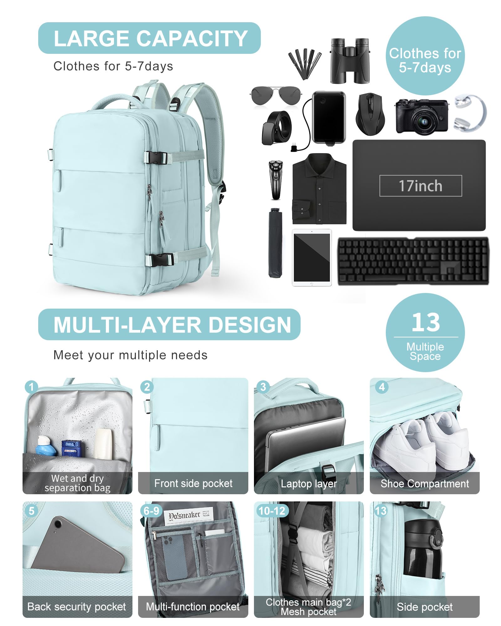 SZLX Zaino da viaggio grande da donna da escursionismo sportivo da esterno impermeabile da scuola casual laptop da 14 pollici con porta di ricarica USB scomparto per scarpe