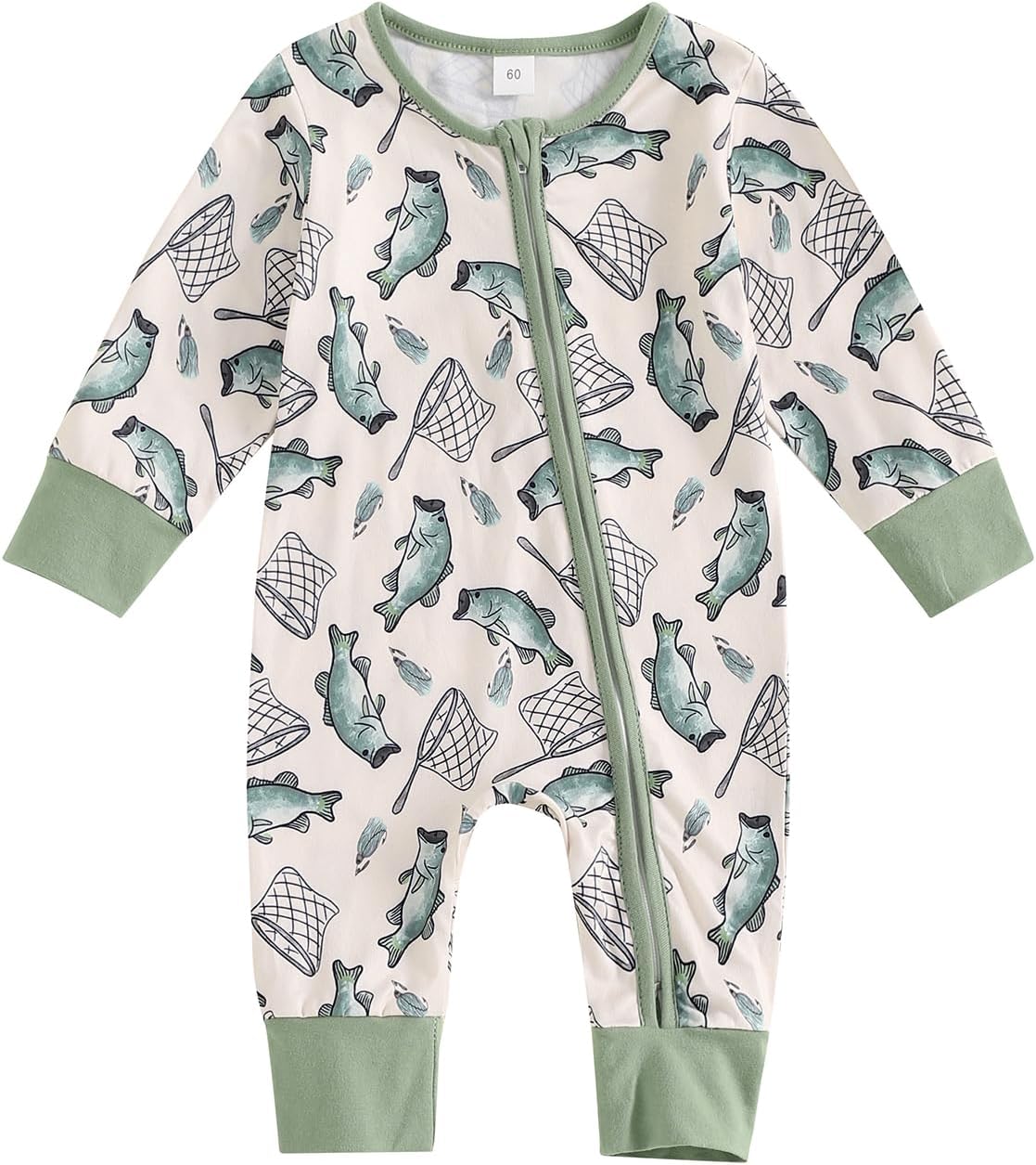 Gaono Newborn Baby Boy Girl Fishing Outfit Long Sleeve Zipper Fish Print Romper Jumpsuit Infant Coming Home Clothes