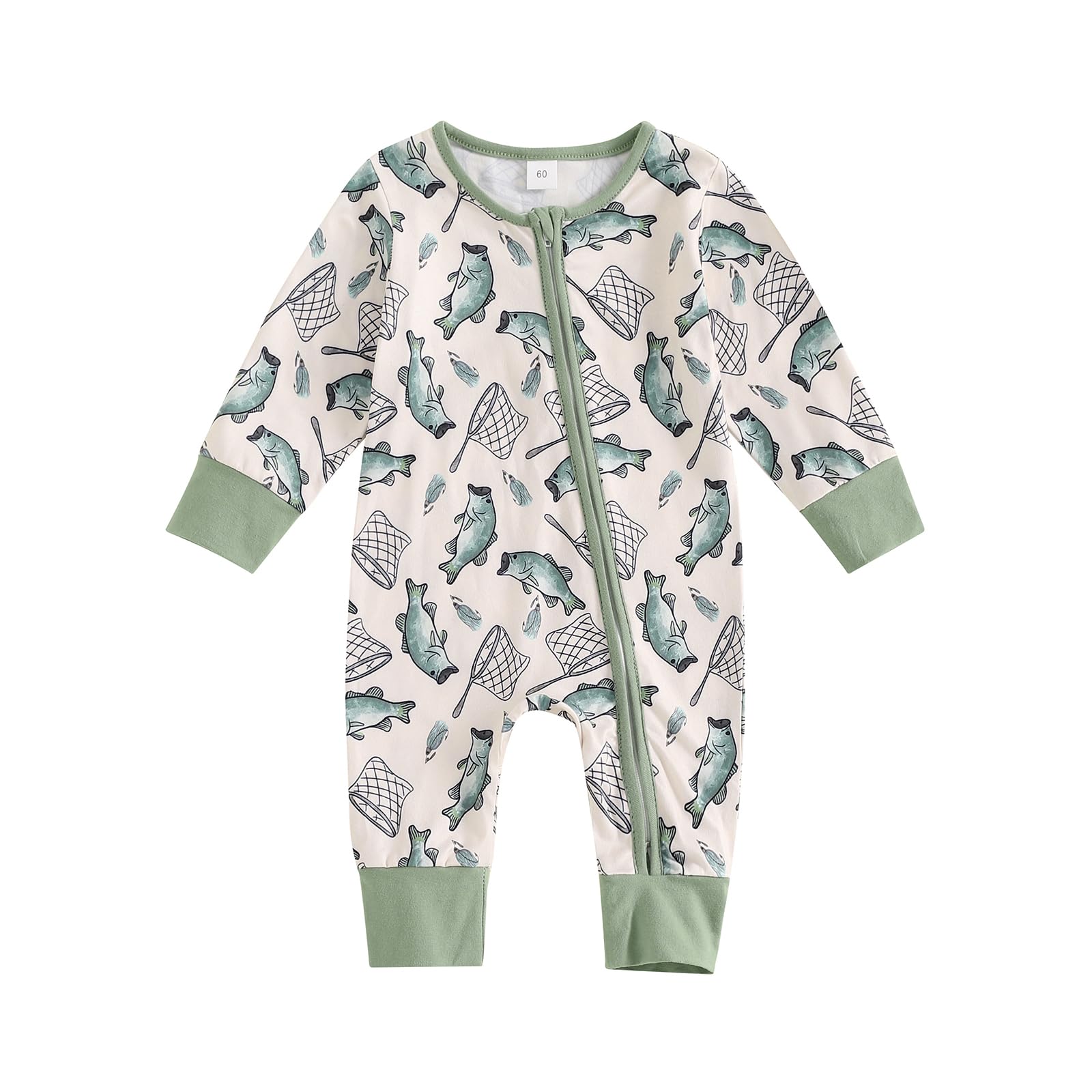 MOLZULAMS Newborn Baby Girl Boy Clothes Fishing Long Sleeve Bubble Romper Zip Up Jumpsuit One Piece Cute Fall Winter Outfit (Green, 3-6 Months)