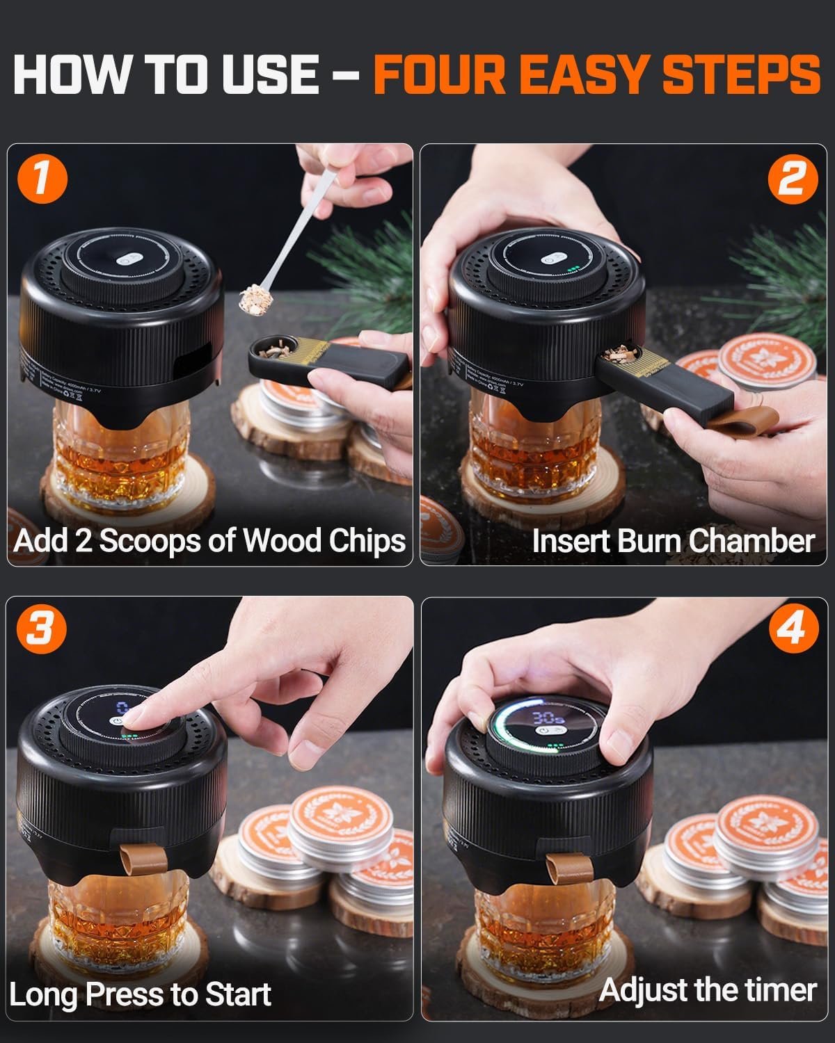 Electric Whiskey Smoker Kit with Adjustable Smoke Levels ＆ LED Timer Ring, Rechargeable Cocktail Smoker Kit with 6 Wood Chips, Old Fashioned Smoker Kit, Bourbon Gifts for Men, Dad, Husband, Black