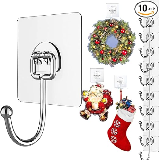 10PACK Ultra Strong 60lb (Max) Transparent Self-Adhesive Hooks - Heavy-Duty Wall Hooks for Kitchen,Ceiling,Sticky Wall Hook fit Home,Bathroom,Kitchen,Office and Outdoor,Wreath Hangers for Door (10)