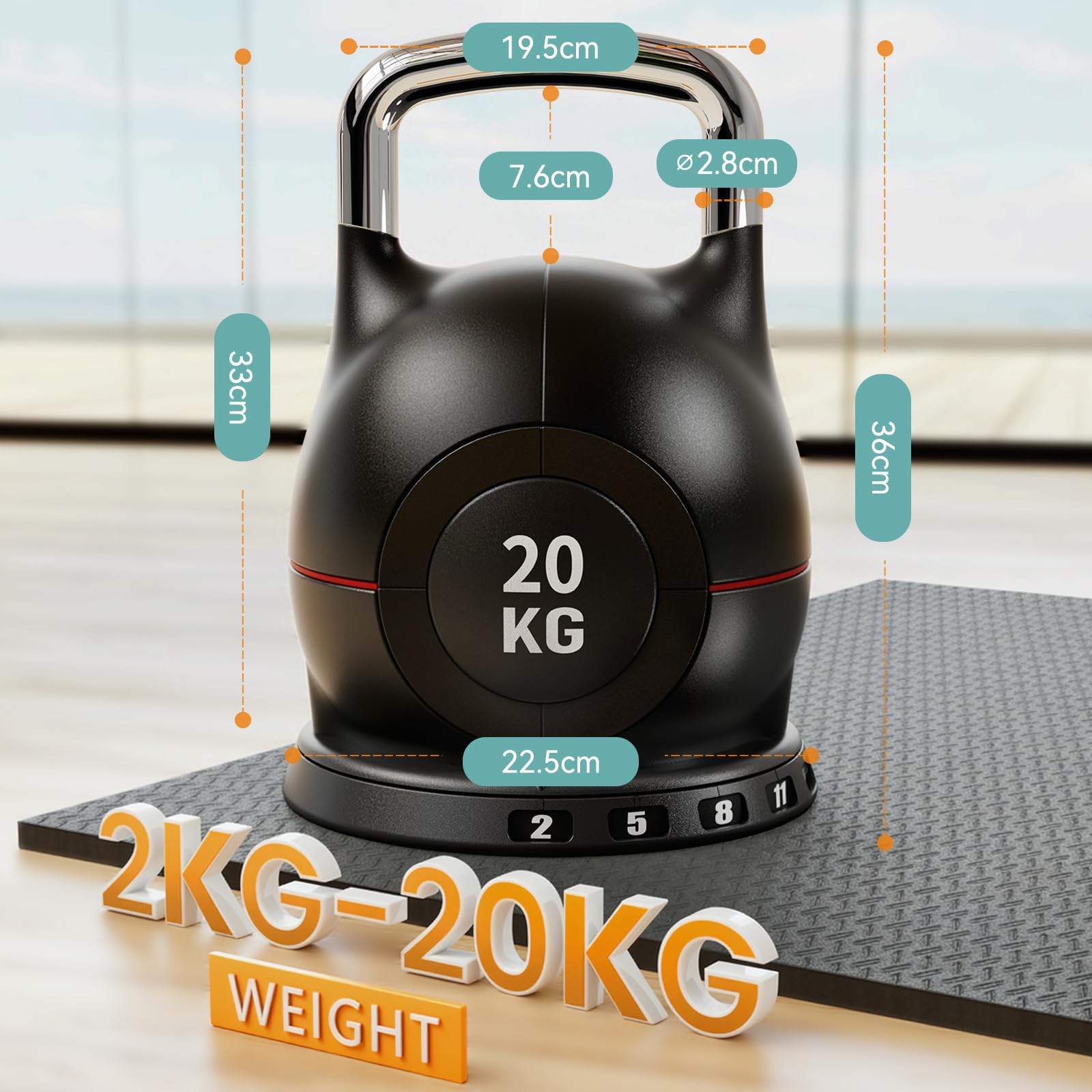 Kettlebell Réglable 10 kg 20 kg, 7-en-1 Kettle bells, 7 Niveaux de Poids, Idéal pour Fitness & entraînement à domicile, Compact & Peu Encombrant