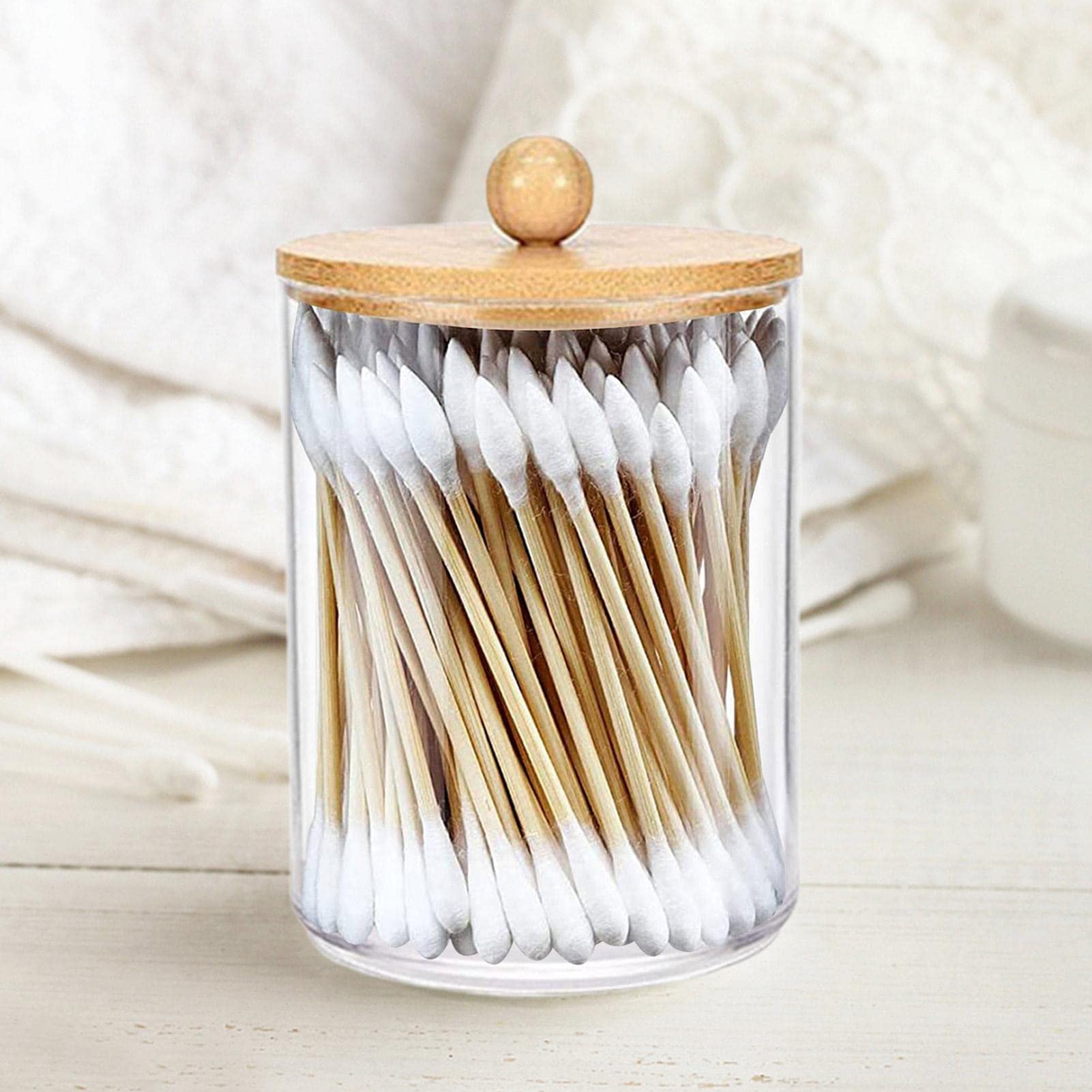 Boîte de rangement en acrylique, pot de salle de bains, organisateur de maquillage, support rond de coton-tige, distributeur de Qtip avec couvercle en bambou  15