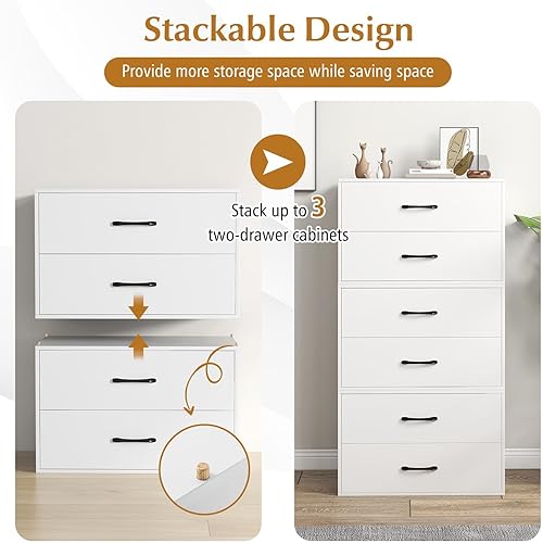 Miniatura 6 de SIMOE White Stackable 2-Drawer Dresser for Bedroom, Short Storage Cabinet with Handles and Anti-Topping Device, Small Chest of 2 Drawers for Bedroom