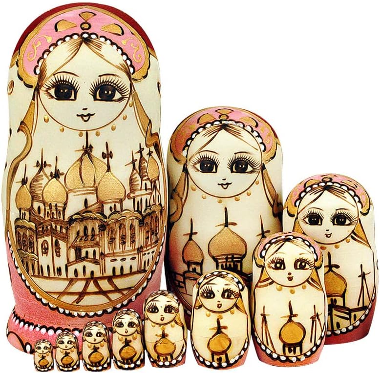 Kremlin Russian Nesting Dolls for Girls Russian Nesting Dolls 10 Pieces Set Matryoshka Wood Stacking Nest (Color: Pink,red)