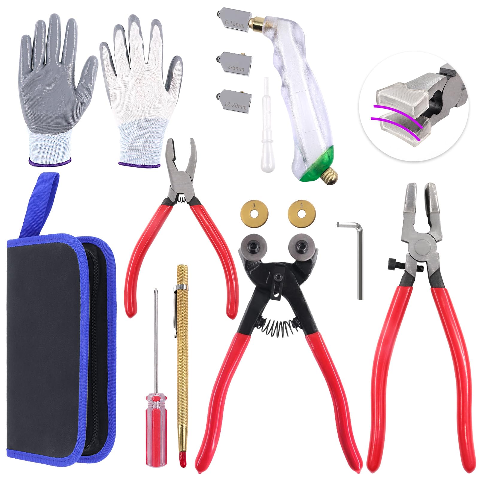 Swpeet Kit de 10 outils de coupe de verre, pince à carrelage à roues en mosaïque de verre, pince à coudre, pince à épiler en carbure de tungstène, coupe-verre à alimentation en huile, gants, sac à