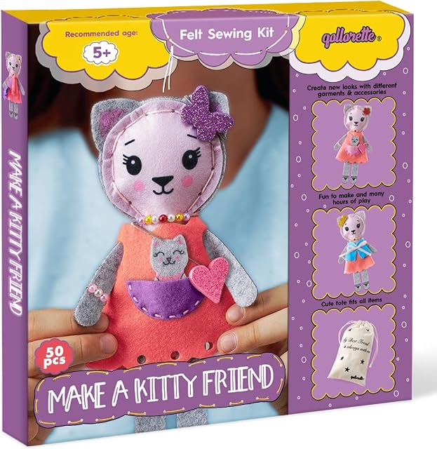 qollorette Felt Sewing Kit for Children, Make Your Own Kitty Toy, Kids' Craft Kit - Childrens Sewing Kit for Kids, Learn to Sew & Play