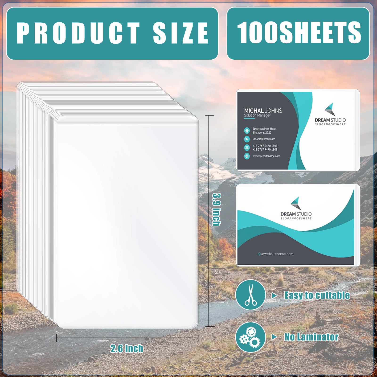 100 hojas autoadhesivas para plastificar tarjetas de visita, tamaño de 2.6 x 3.9 pulgadas, hojas de laminación autoadhesivas, acabado brillante, no necesita máquina laminadora para tarjetas de