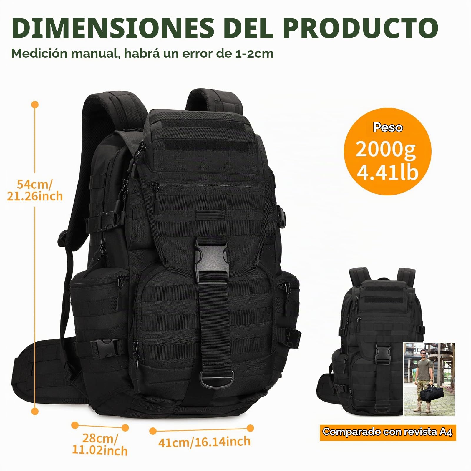 HUNTVP 50L Mochila Táctica Grande Mochila de Asalto 900D Nylon Militar Assault Pack MOLLE Impermeable para Hombre Caza Al Aire Libre Ciclismo Senderismo